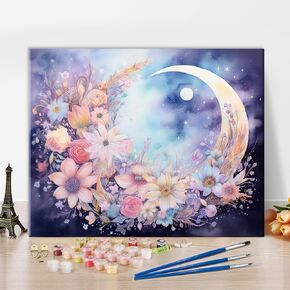 Rebotipy Paint by Numbers for Adults Crescent with Flowers Adult Paint by Number Moon Adults' Paint by Number Kits Sky Acrylic Oil Painting Art Crafts 16x20 in
