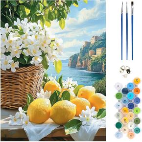 MEIYUDA Lemon Paint by Numbers Kit, Seascape Paint by Numbers for Adults Beginners, Lemon Flowers DIY Acrylic Oil Painting by Number on Canvas for Gift Home Wall Decor 12x16in