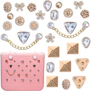 Charms for Bogg Bag, Sparkle Rhinestones for Bogg Bag Accessories Charms, Gold Charm Bling Crystal Chain Compatible with Simply Southern Beach Bags Tote, Insert for Rubber Beach Tote Handbag (22 Pcs)