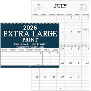 2026 Extra Large Print Wall Calendar, 14.5" x 11" size closed, 14.5" x 22" size open, Easty-Read Large Bookstore-Quality Spiral-Bound Monthly Calendars for Kitchen & Office, by Current
