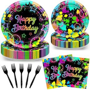 Avezano 96 PCS Neon Birthday Party Decorations Glow Neon Happy Birthday Plates Napkins Tableware Glow in the Dark Party Supplies, Serves 24