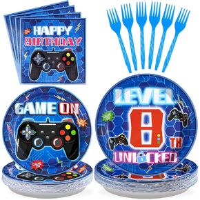 Grencian 96 Pcs 8th Video Game Birthday Party Decorations Blue Video Game Level 8 Birthday Plates and Napkins Tableware Sets for Kids Boys 8 Years Old Gamer Gaming Party Favors Serves 24