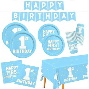 1st Birthday Decorations Boy - Baby Blue Party Supplies Kit for 25 Guests | Includes Plates, Napkins, Cups, Banner & Tablecloth | First Birthday Decorations for Boy