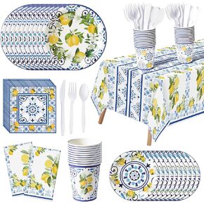 170Pcs Capri Lemon Party Supplies - Blue Tiles Yellow Lemon Party Tableware Decorations Summer Citrus Fruit Disposable Paper Plate Cup Tablecloth Napkin for Kid Birthday Baby Shower, Serves 24