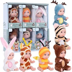 6PCS 4inch Mini Dolls Set - Baby Doll with 6 Animal Outfits & Accessories, Reborn Baby Dolls for Kids Role Play, Perfect Birthday for Children Ages 3+