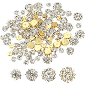 PATIKIL 100 Pcs Sew on Rhinestones Crystals 8mm 10mm 12mm 14mm, 3 Layers Sewing Flower Claw Rhinestones Glass Gems Metal Base for DIY Craft Dress Clothes Belt Decoration, Gold/White