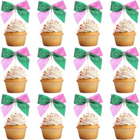 12 Pcs Witch Birthday Cake Decorations Cupcake Toppers 3.5 Inch Pink and Green Cake Toppers Sparkling Sequins Bows Sticks for Baby Shower Wedding Bachelorette Witch Theme Party Supplies