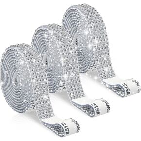 3 Roll Self Adhesive Rhinestone Strips, Crystal Rhinestones Diamond Ribbon Strip Roll 3 Yards 0.43 Inches Glitter Rhinestones Tape for Crafts,Silver Bling Wrap Rolls Wedding Crafting Cloth DIY