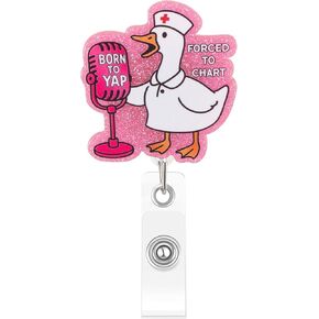 Cute Pink Silly Goose Badge Reel, Funny Retractable Nurse Badge Reel with Clip, Acrylic Nurse Badge Holder for Nurses Doctors Social Worker