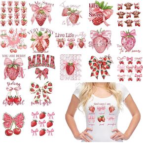 20 Sheets Strawberry Coquette Iron on Transfers for T-Shirts, Pink Bow DTF Transfers Ready to Press Heat Transfers Vinyl, Iron on Patches Decals for Clothing Bag Pillow Covers DIY Crafts