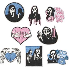 8PCS Ghost Iron on Patches, Scary Pink Blue Dark Hang up Embroidered Repair Patches for Clothes, Vintage Custom Badge Heart Applique for Hats, Jeans, Jackets, Bags, Backpacks, Dress, Shoes