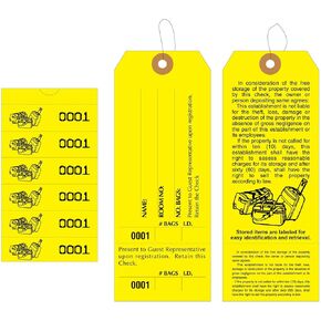 1000 Baggage Claim Check Tags with Manifold Construction for Multiple Bags. Yellow Stock, Printed in Black Ink with 6 Yellow Labels & Matching Numbers & Elastic String Attached. Size: 6 1/2" x 2 1/2"