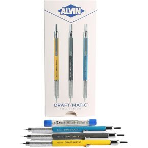 ALVIN DM357C Draft-Matic Mechanical Pencil, 3 Pack, Stainless Steel Drawing and Design Tools, Great for Drafting, Architecture, Engineering, and Art - Includes 0.3mm, 0.5mm, and 0.7mm
