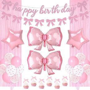 Pink Bow Birthday Decorations for Girls, 44Pcs Coquette Birthday Decorations with Pink Bow Balloon Cupcake Banner Bows Decorations for Party