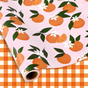 JarThenaAMCS Orange Plaid Wrapping Paper -Mini Roll- 17In x 32.8Ft Summer Fruit Flower Pink White Gift Double Printed Craft Wrap Paper for Birthday Party Packing Supplies