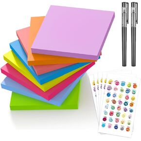 Sticky Notes 3x3 inch, 480 Sheets Colorful Sticky Notes Bulk with 200 Emotional Stickers，2 Pens, Cute Note Taking Self-Adhesive Notes Office，Teacher Supplies, Back to School Essentials