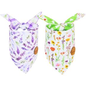 CROWNED BEAUTY Spring Dog Bandanas Reversible Large 2 Pack, Spring Blossom Set, Lavendor Adjustable Triangle Holiday Scarves for Medium Large Extra Large Dogs Boy Girl Pets DB167-L