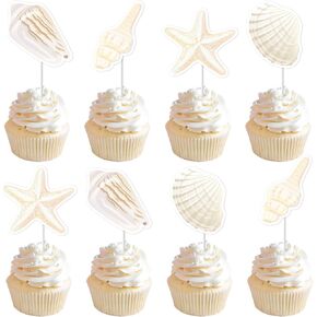 Kreatwow 24Pcs Sea Shell Cupcake Topper Beach Shell Party Cake Decoration Seashell Theme Birthday Party Sea Creature Summer Ocean Bachelorette Decors for Under The Sea Wedding Bridal Shower