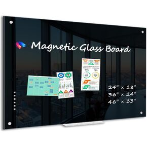 WALGLASS Black Dry Erase Board 46"x33", Large Magnetic Glass Board, Framless Tempered Black Glass Whiteboard for Walls, Office, School, 6 Strong Magnets, 1 Acrylic Pen Tray