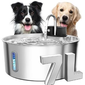 Dog Water Fountain Stainless Steel: 7L/236oz Cordless Large Dog Water Bowl Dispenser Automatic Cat Pet Water Fountain Indoor with Deeper Drinking Area, Multi-Pet Water Fountain with Ultra-Quiet Pump