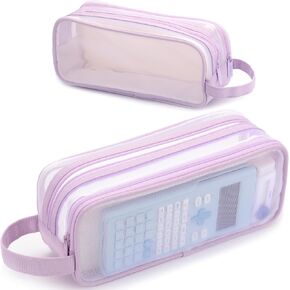 Mesh Pencil Pouch Clear Large Capacity Pencil Case Aesthetic Big Pen Bag School Special Pencil Pouches Organizer With Zipper Travel Makeup Bag For Girls Adults Kids Women Soft Cool Cute Purple