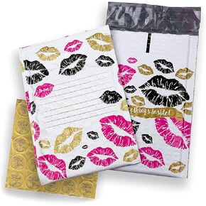 4x8 Inch Pack of 240 Water Resistant Kisses Padded Packing Shipping Poly Bubble Mailers Address Labels and Thank You Stickers