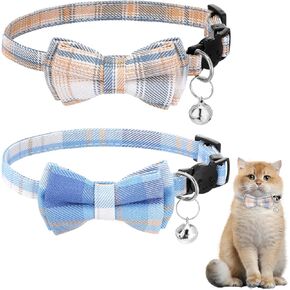 2Pcs Cat Bow Tie, Cat Bowtie Collar with Bells, Adjustable Breakaway Blue and White Plaid Kitten Collar for Kitten Puppy and Small Pets