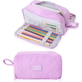 iSuperb Big Capacity Corduroy Pencil Case 3 Compartments Pen Pouch Simple Organizer Bag Large Capacity Pencil Box for Adults (Beige)