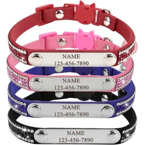 Mogoko Personalized Breakaway Cat Diamond Collar, Customized Bling Kitten Pet Collar with Engraved ID Name Plate and Bell（Pink）