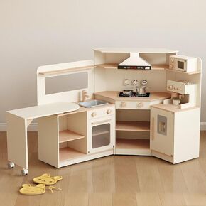 Asweets Play Kitchen for Kids, Wooden Kitchen Playset for Toddlers with Range Hood, Coffee Maker, Oven, Ice Maker, Kids Pretend Kitchen Gift for Boys Girls, 55.9''L x 11.8''W x 35''H