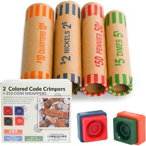 L LIKED 252 Assorted Coin Wrappers Preformed Tubes & 2 Twist N Crimp Wrapper Sealer -(Quarters, Pennies, Nickels and Dimes)