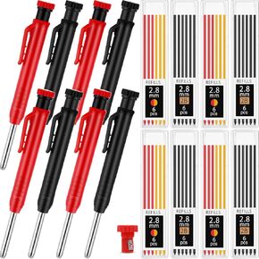 8 pack 2.8mm Mechanical Carpenter Pencils with 48 Refills, Construction Pencils with Built-in Sharpener, Long Nib Deep Hole Marker, Heavy Duty Woodworking Tools for Architect