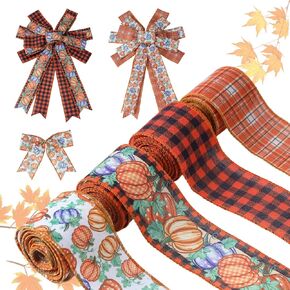 ZAWE 4 Rolls Fall Ribbon 2" 20 Yards Buffalo Plaid Pumpkins Maple Leaves Wired Edge Ribbon for Home Bow Wreath DIY Craft Gift Wrap Autumn Thanksgiving Party Decorations