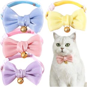 4 PCS Satin Cute Breakaway Cat Collars with Bells Silk Pink Cat Collar Bow Tie Adjustable Collars Breakaway Kitten Collars Cute Safety Collars Spring Bowtie Collar for Girl and Boy Pets