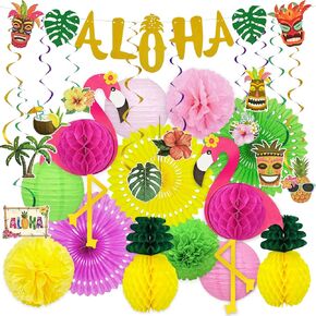 24 Pcs flamingo party decorations, Hawaiian Aloha Party Decorations, Luau Party Decorations, Flamingo Birthday Decorations Include Aloha Banner Flower Palm Flamingo Foil Ceiling For Summer Decorations