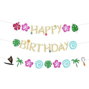 Hawaiian Happy Birthday Banner - Glittery Gold Birthday Banner for Party Decorations Birthday Sign Tropical Luau Summer Baby Shower Decor Party Supplies Decor
