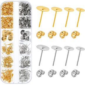 Earring Posts for Jewelry Making, 400 Pcs Metal Earring Backs and Posts Flat Pad Earrings Studs Earrings Making Kit for DIY Crafts Jewelry Supplies (4/5/6/8mm) (Gold, Silver)