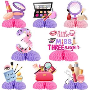 8pcs Little Miss Threenager Birthday Honeycomb Centerpieces Little Miss Threenager Birthday Decorations for Girls 3rd Birthday Makeup 3rd Birthday Party Decorations for 3 Year Old Girl