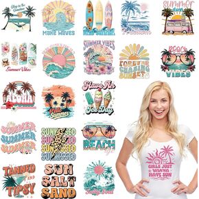 Summer Iron on Transfers for T-Shirts, 20 Pcs Summer DTF Transfers Ready to Press, Tropical Iron on Patch Decals, Heat Transfer Vinyl for Bag Clothing DIY Craft