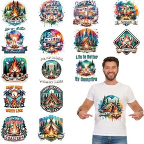 16 Sheets Camping Iron on Transfers for T-Shirts, Watercolor Campfire DTF Transfers Ready to Press Heat Transfers Vinyl, Iron on Patches Decals for Clothing Bag Pillow Covers DIY Crafts