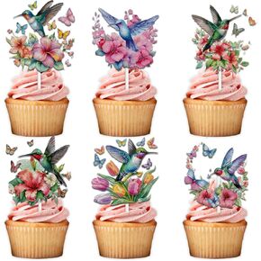 18pcs Colorful Glitter Hummingbird Flowers Dessert Cupcake Topper Pick for Flying Pet Bird Nature Theme Decorations Woman Lady Girls Happy Birthday Party Decor Supplies