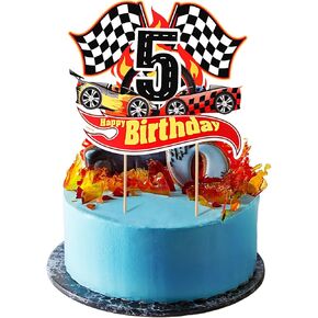 Maitys Race Car 5th Birthday Cake Topper Race Car Theme Birthday Party Supplies Checkered Flag Cupcake Decorations Photo Props for Boys Five Years Old