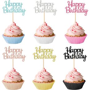 24 Pcs Happy Birthday Cupcake Toppers, Glitter Cupcake Decorations Lightweight Cake Toppers for Celebrating Happy Birthday Party Cake Decorations Supplies (6 Colors)