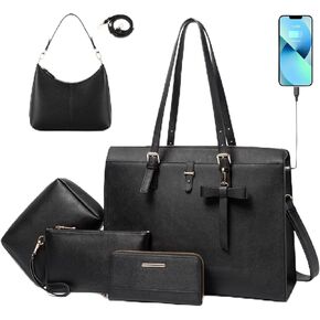 Keyli 4pcs Laptop Bag for Women 15.6 inch and Shoulder Bag Soft Waterproof Leather Handbags Laptop Purse with USB Charging Port