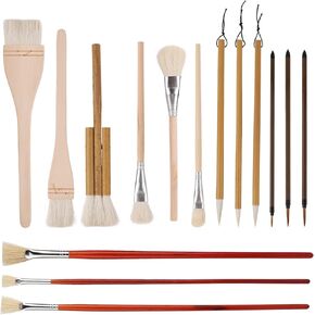 Ceramic Brushes Set, 15pcs Wooden Acrylic Paintbrushes Pottery Glaze Tool Supplies Art Accessories for Watercolor Painting Students Enthusiasts