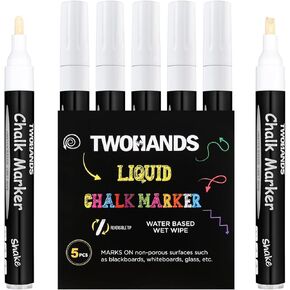 TWOHANDS Liquid Chalk Markers,White,Erasable,for Blackboard,Chalkboard,Windows,3mm Reversible Bullet & Chisel Point,19530
