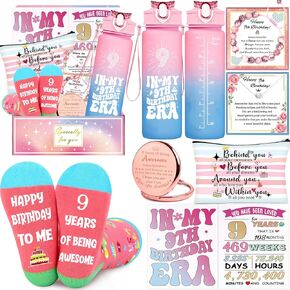 Birthday Gifts for 9 Year Old Girls, Gifts for 9 Year Old Girls, 7 Pieces 9th Beautiful Birthday Gift Basket Set , Cool 9 Year Old Decorations Gift for Daughter, Sister, Niece, Granddaughter.
