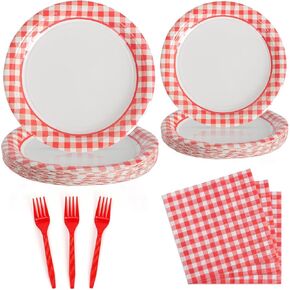 96Pcs Party Plates and Napkins Sets, Red Gingham Checkered Paper Plates and Napkins Party Supplies for Picnic Birthday, Serve for 24 Guests, Red and White