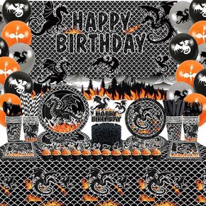 Dragon Birthday Party Decoration ,Including Happy Birthday Party Backdrop, Dinner Plates, Dessert Plates, Cups, Napkins, Tablecloth, Balloons, Straws, for Dragon Theme Party Supplies 20 Guest