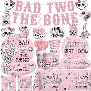 139pcs Bad Two the Bone Party Decorations Girl Tableware Set, Bad to the Bone Thick Plates Banner with Hanging Swirls 2pcs Tablecloth for 2nd Birthday Decorations for Girl, Serves 20